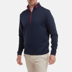 FootJoy Diamond Jacquard Chill-Out 1/4 Zip Golf Pullover -Golf Sweaters Sales FootJoy SS22 Diamond Jacquard Chill Out 1 4 Zip Golf Sweater Navy Bright Red 88452 model 1