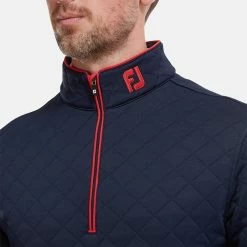 FootJoy Diamond Jacquard Chill-Out 1/4 Zip Golf Pullover -Golf Sweaters Sales FootJoy SS22 Diamond Jacquard Chill Out 1 4 Zip Golf Sweater Navy Bright Red 88452 model 2