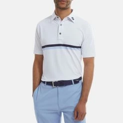 FootJoy Double Chest Band Pique Golf Polo Shirt -Golf Sweaters Sales FootJoy SS22 Double Chest Band Pique Golf Polo Shirt White Navy Light Blue 88443 model 1