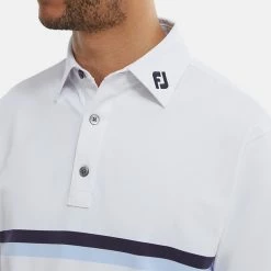 FootJoy Double Chest Band Pique Golf Polo Shirt -Golf Sweaters Sales FootJoy SS22 Double Chest Band Pique Golf Polo Shirt White Navy Light Blue 88443 model 2