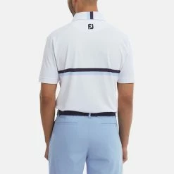 FootJoy Double Chest Band Pique Golf Polo Shirt -Golf Sweaters Sales FootJoy SS22 Double Chest Band Pique Golf Polo Shirt White Navy Light Blue 88443 model 3