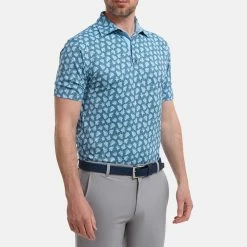 FootJoy Shadow Palm Print Pique Golf Polo Shirt -Golf Sweaters Sales FootJoy SS22 Shadow Palm Print Pique Golf Polo Shirt Ink Dusk Blue 88375 model 1