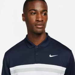 Nike Dry Victory Colourblock Golf Polo Shirt 10 Nike Dry Victory Colourblock Golf Polo Shirt -Golf Sweaters Sales Nike SS22 Dry Victory Colourblock Golf Polo Shirt DH0845 451 M Obsidian White Smoke Grey Model 2