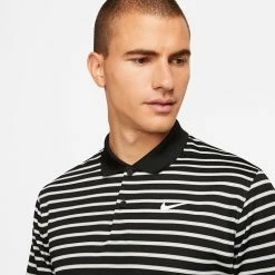 Nike Dry Victory Stripe Golf Polo Shirt 10 Nike Dry Victory Stripe Golf Polo Shirt -Golf Sweaters Sales Nike SS22 Dry Victory Stripe Golf Polo Shirt DH0829 010 M Black White model 2