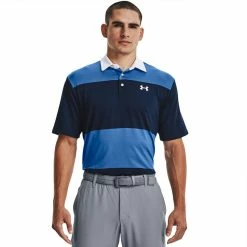 Underarmour Under Armour Playoff 2.0 Club Stripe Golf Polo Shirt -Golf Sweaters Sales Under Armour SS22 Playoff 2.0 Club Stripe Golf Polo Shirt 1327037 479 Victory Blue Academy White Model 1